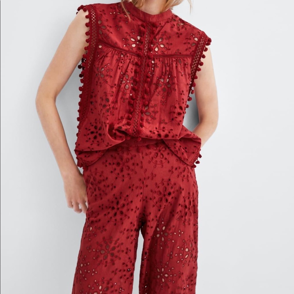 Zara embroidered top with pompoms